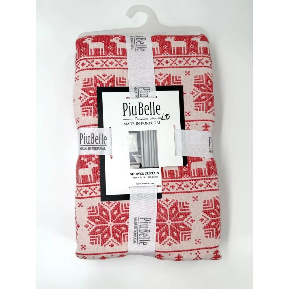 Piu Belle Shower Curtain Unisex 72x72 Red NWT Fair Isle Reindeer Cotton Portugal